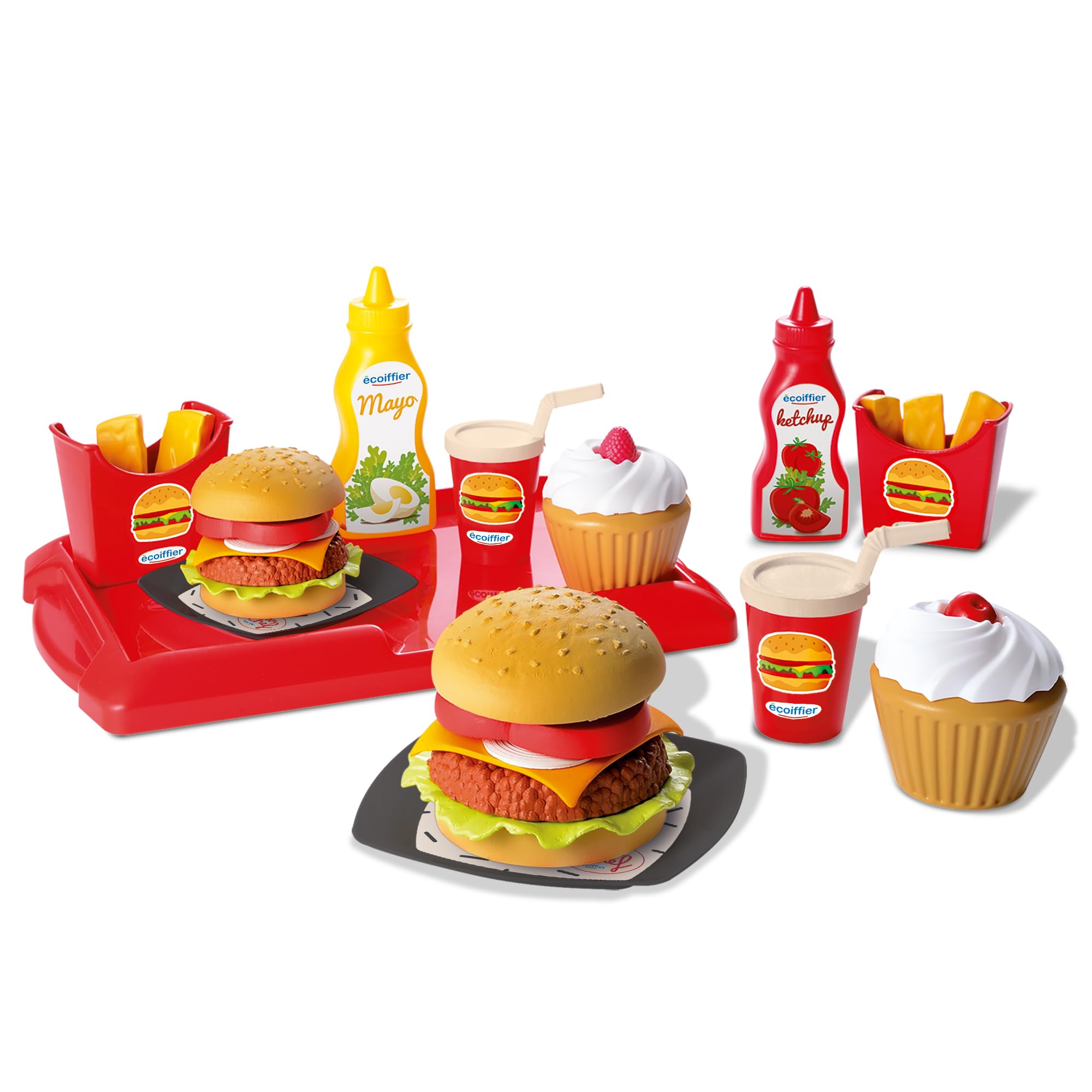 Ecoiffier Burger Toy Set - 32 Piece Play Set with Fries, Ketchup